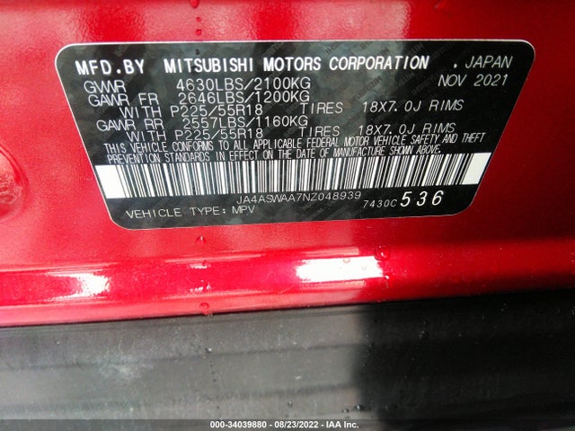 JA4ASWAA7NZ048939 Mitsubishi Eclipse Cross Se Special Edition/sel/sel Special Edition/se