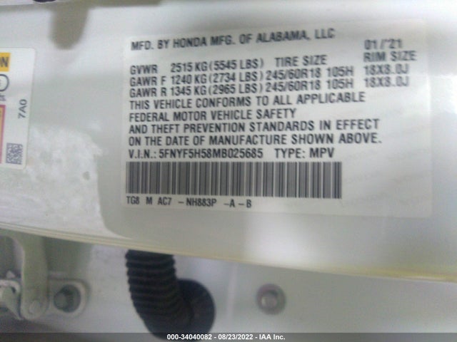 2021 Honda Pilot, VIN: 5FNYF5H58MB025685