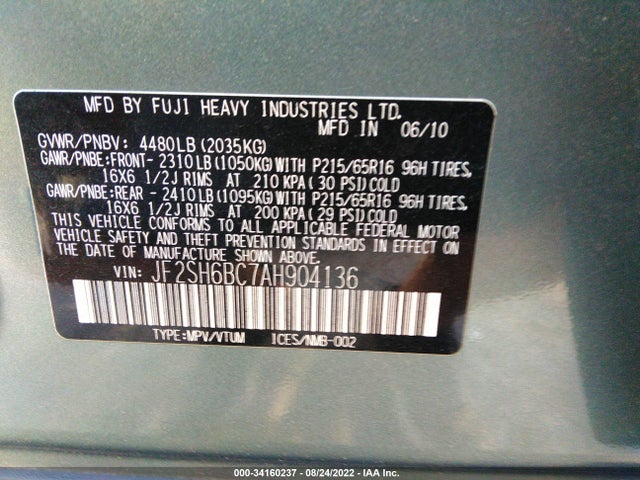 2010 SUBARU FORESTER 2.5X VIN: JF2SH6BC7AH904136