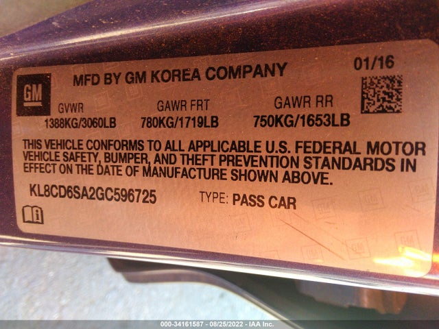 2016 Chevrolet Spark, VIN: KL8CD6SA2GC596725