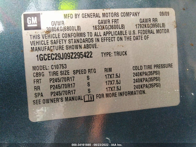 2009 CHEVROLET SILVERADO 1500 LT VIN: 1GCEC29J09Z295422