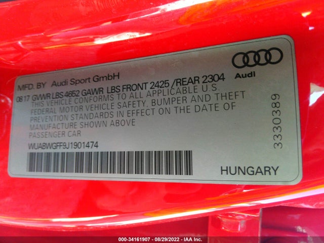 2018 Audi RS 3, VIN: WUABWGFF9J1901474