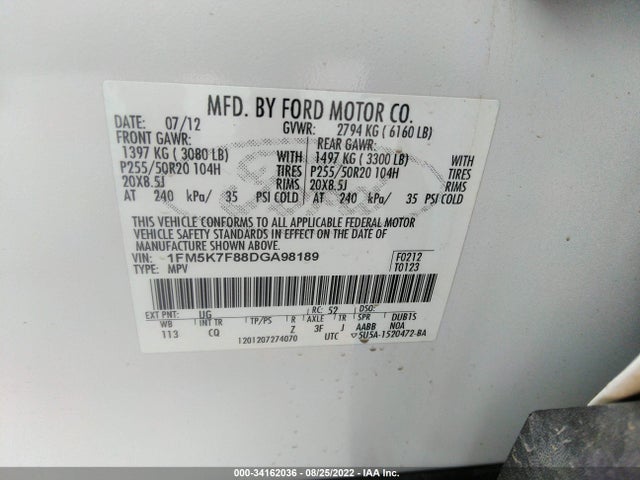 2013 FORD EXPLORER LIMITED VIN: 1FM5K7F88DGA98189