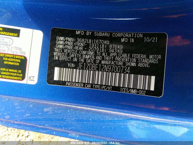 2022 Subaru BRZ, VIN: JF1ZDBE12N9700734