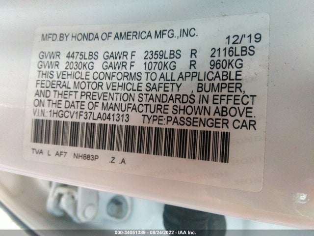 2020 Honda Accord, VIN: 1HGCV1F37LA041313