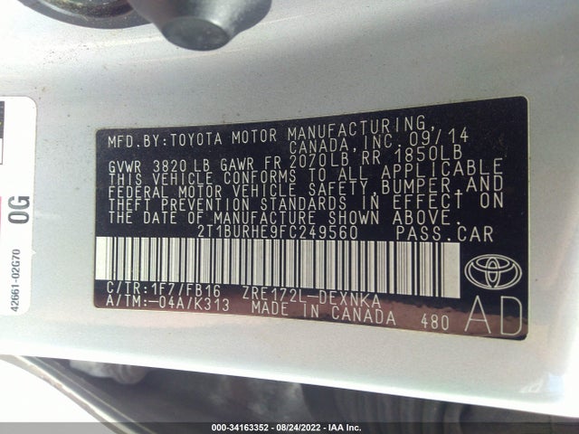 2015 TOYOTA COROLLA L/LE/S/S PLUS/LE PLUS VIN: 2T1BURHE9FC249560