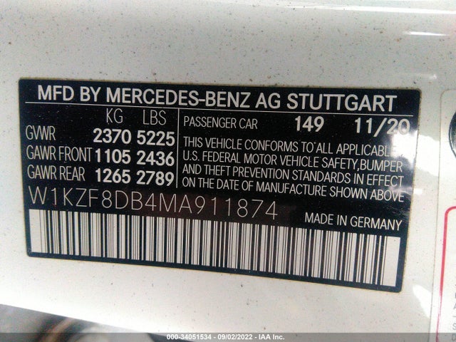2021 Mercedes-Benz E-Class, VIN: W1KZF8DB4MA911874