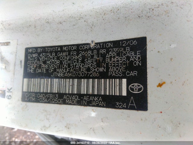 2007 TOYOTA CAMRY CE/LE/SE/XLE VIN: JTNBE46K073077286