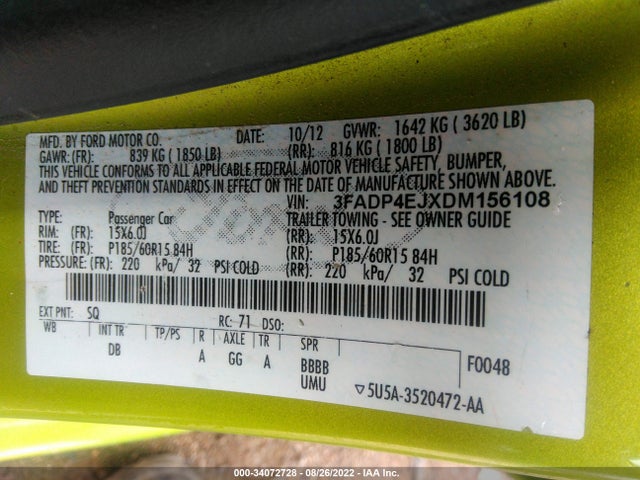 2013 FORD FIESTA SE VIN: 3FADP4EJXDM156108
