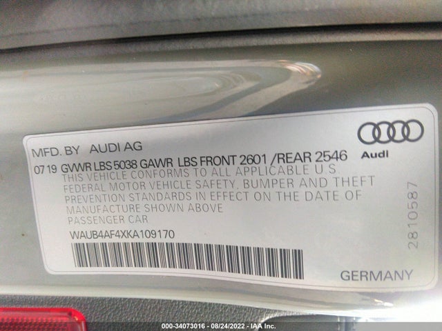 2019 Audi S4, VIN: WAUB4AF4XKA109170