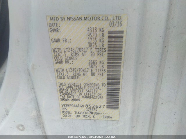 2016 Nissan NV, VIN: 5BZBF0AA1GN852627