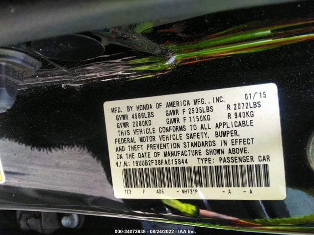 2015 ACURA TLX V6 VIN: 19UUB2F38FA015844