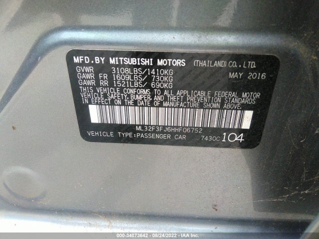 2017 Mitsubishi Mirage, VIN: ML32F3FJ6HHF06752