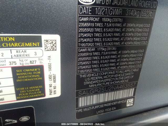 2022 Land Rover Range Rover, VIN: SALGR2SU2NA463557