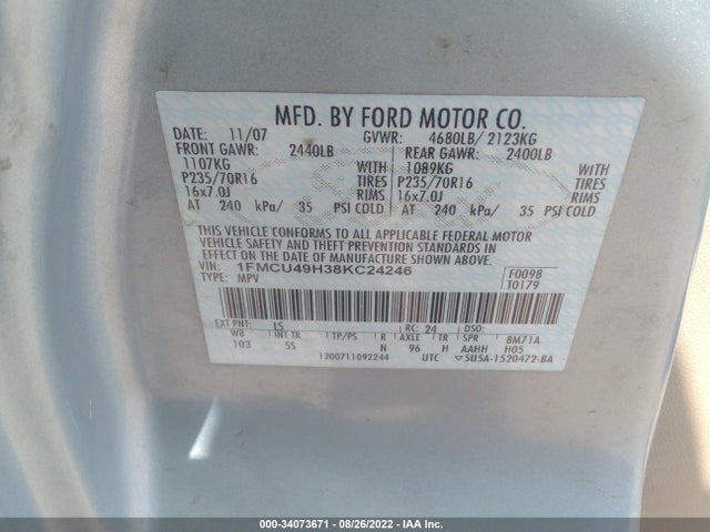 2008 FORD ESCAPE HYBRID VIN: 1FMCU49H38KC24246