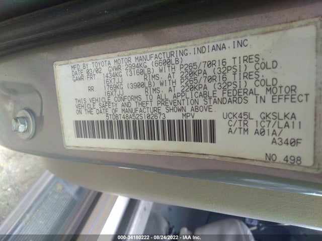2002 TOYOTA SEQUOIA LIMITED VIN: 5TDBT48A52S102673