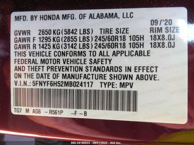 2021 HONDA PILOT EX-L VIN: 5FNYF6H52MB024117