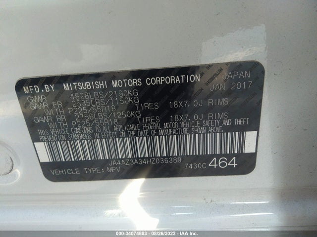JA4AZ3A34HZ036389 Mitsubishi Outlander Se/sel