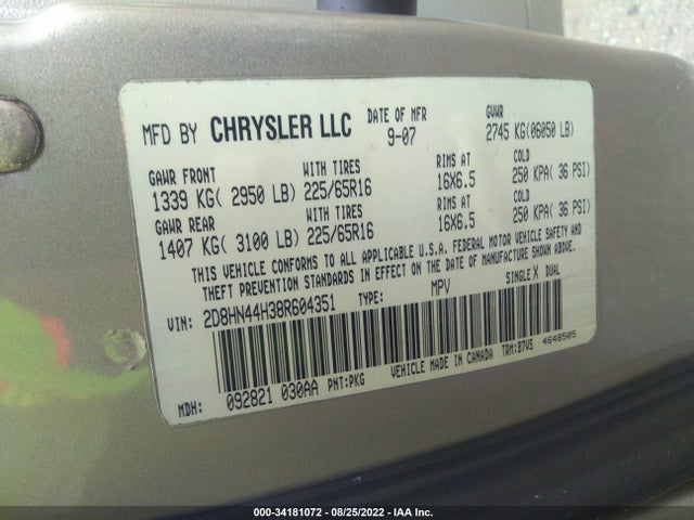 2008 DODGE GRAND CARAVAN SE VIN: 2D8HN44H38R604351