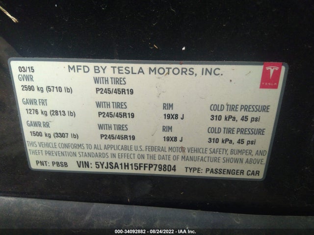 2015 Tesla Model S, VIN: 5YJSA1H15FFP79804