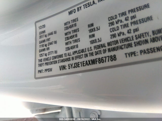 Tesla Model 3 Standard Range Plus 2021 5YJ3E1EAXMF867788 Image 10