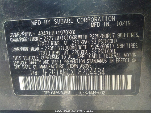 2020 Subaru Crosstrek, VIN: JF2GTAPCXL8204484