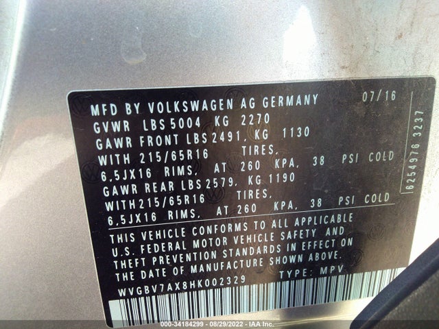 WVGBV7AX8HK002329 Volkswagen TIGUAN S