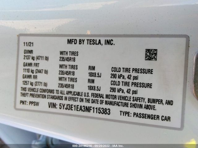 5YJ3E1EA3NF115383 Tesla MODEL 3