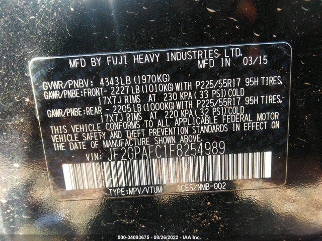 2015 SUBARU XV CROSSTREK PREMIUM VIN: JF2GPAFC1F8254989