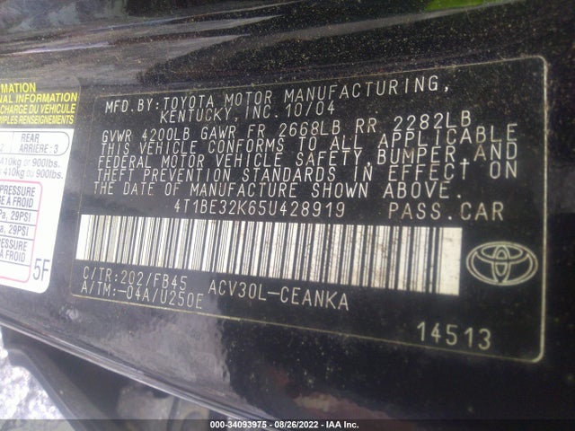 2005 TOYOTA CAMRY STD/LE/SE/XLE VIN: 4T1BE32K65U428919