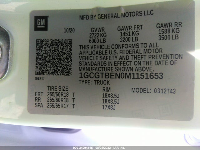 2021 Chevrolet Colorado, VIN: 1GCGTBEN0M1151653