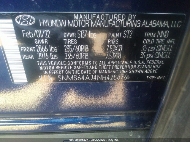 2022 Hyundai Santa Fe, VIN: 5NMS64AJ4NH428876