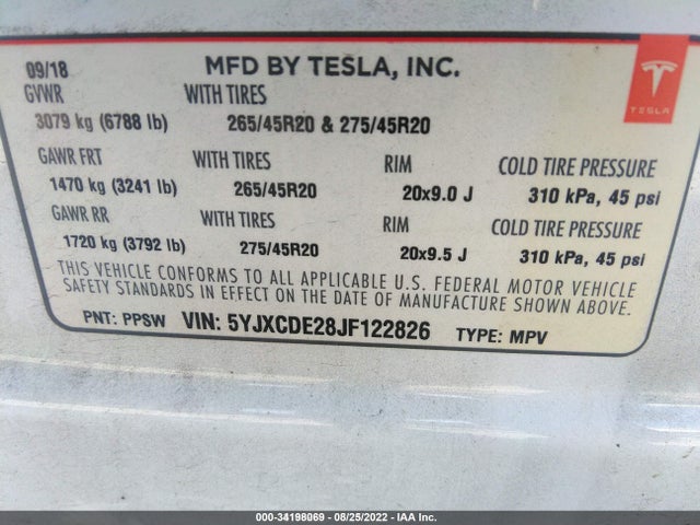 2018 Tesla Model X, VIN: 5YJXCDE28JF122826