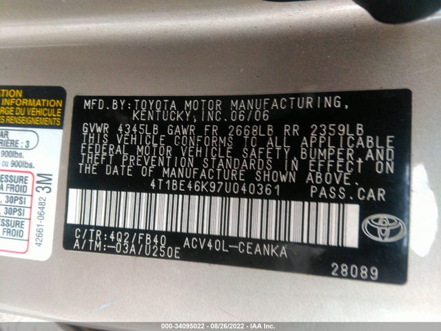 2007 TOYOTA CAMRY CE/LE/SE/XLE VIN: 4T1BE46K97U040361