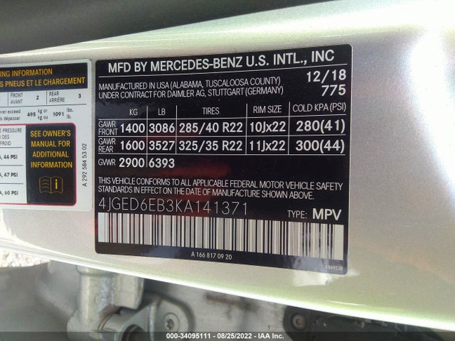 2019 Mercedes-Benz GLE-Class, VIN: 4JGED6EB3KA141371