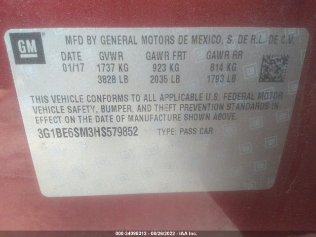 2017 CHEVROLET CRUZE LT VIN: 3G1BE6SM3HS579852