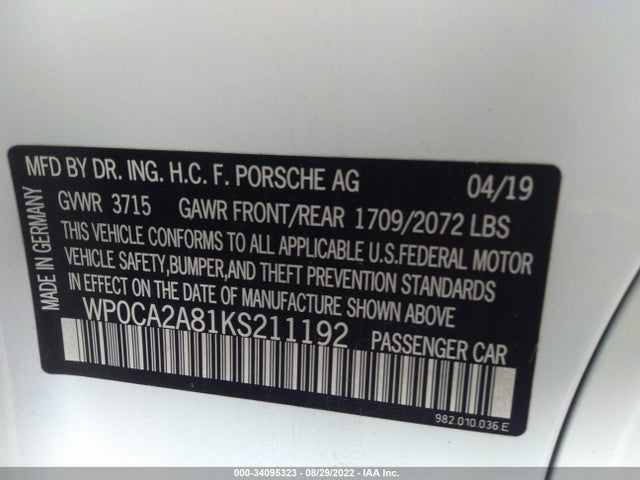 2019 Porsche 718, VIN: WP0CA2A81KS211192