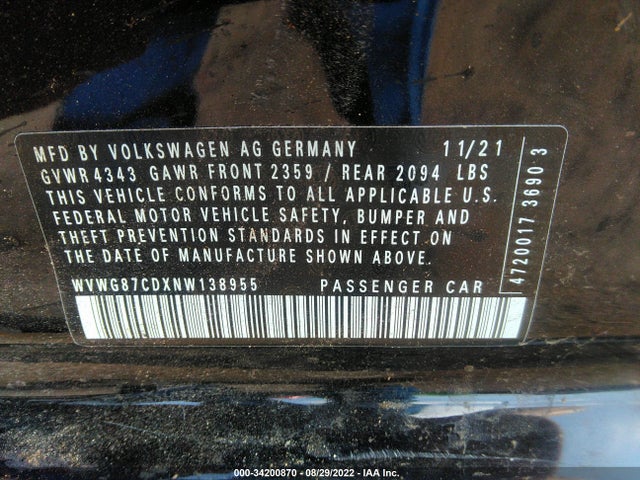 2022 Volkswagen Golf GTI, VIN: WVWG87CDXNW138955