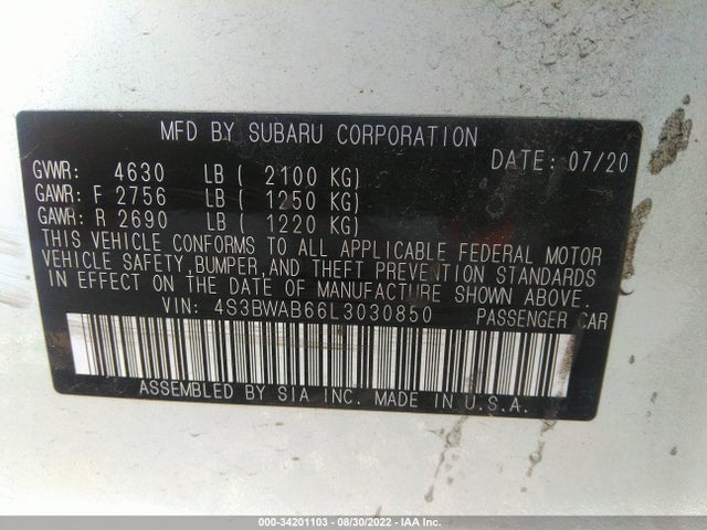 2020 Subaru Legacy, VIN: 4S3BWAB66L3030850