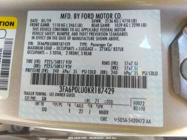 3FA6P0LU0KR187429 Ford Fusion Hybrid Se
