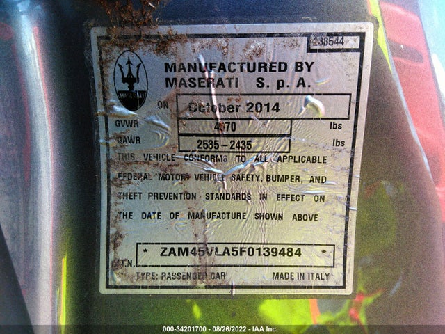 2015 Maserati Granturismo, VIN: ZAM45VLA5F0139484