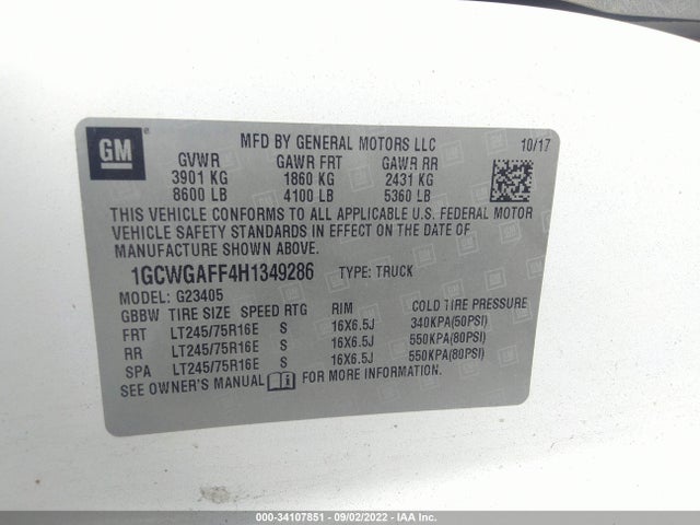 2017 Chevrolet Express, VIN: 1GCWGAFF4H1349286