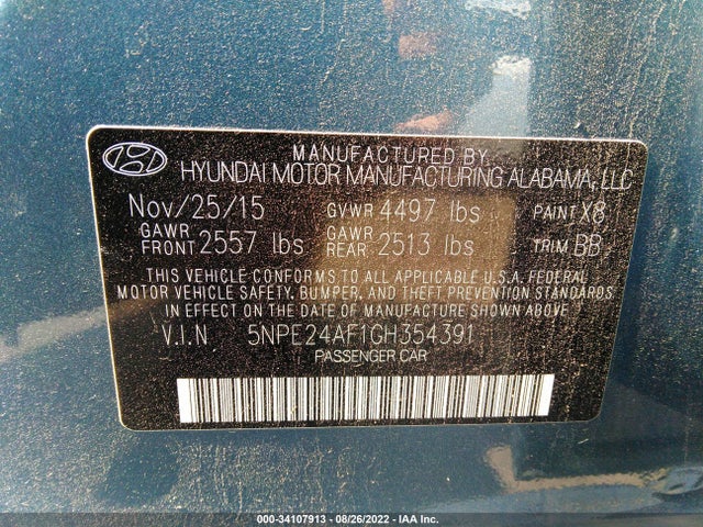 2016 HYUNDAI SONATA 2.4L SE VIN: 5NPE24AF1GH354391