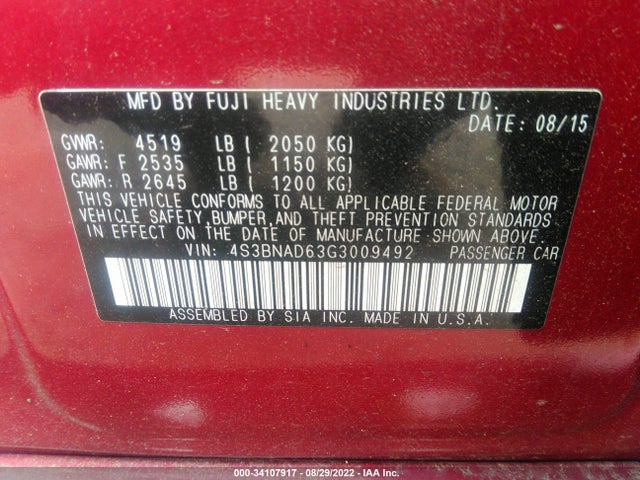 Subaru Legacy 2016 4S3BNAD63G3009492 Image 9