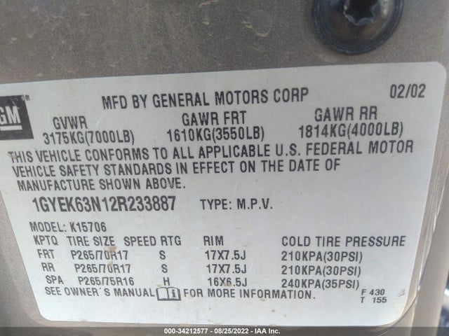 2002 CADILLAC ESCALADE 1GYEK63N12R233887 Photo 8