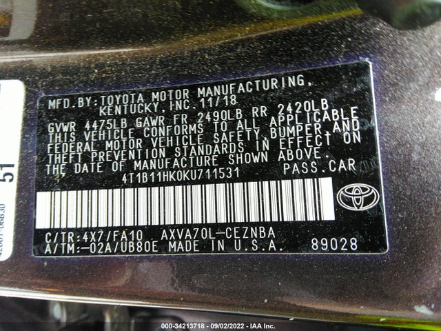 2019 Toyota Camry, VIN: 4T1B11HK0KU711531