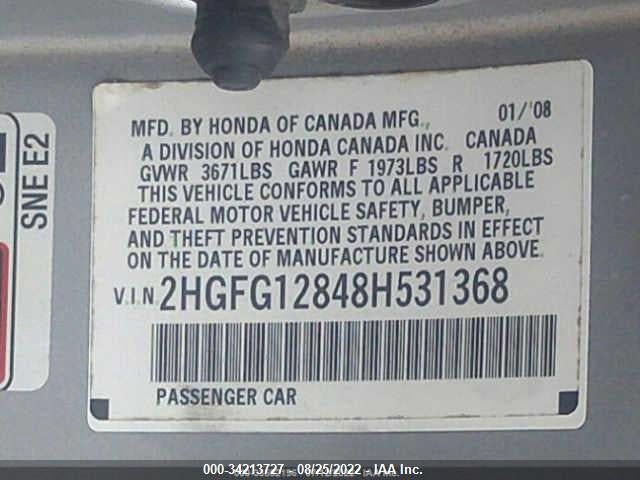 2008 HONDA CIVIC CPE EX VIN: 2HGFG12848H531368