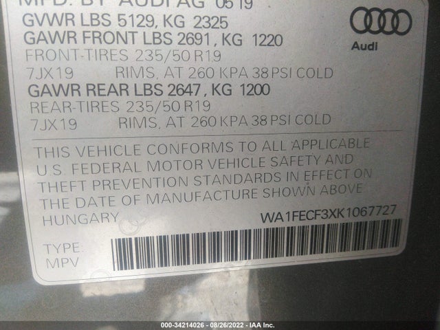 2019 Audi Q3, VIN: WA1FECF3XK1067727