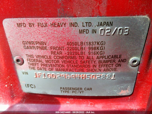 Subaru IMPREZA SEDAN WRX 2004 JF1GD29694H502881 Image 10