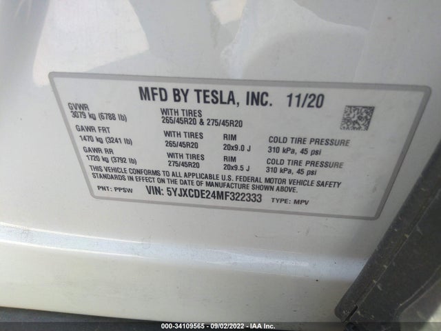 2021 Tesla Model X, VIN: 5YJXCDE24MF322333